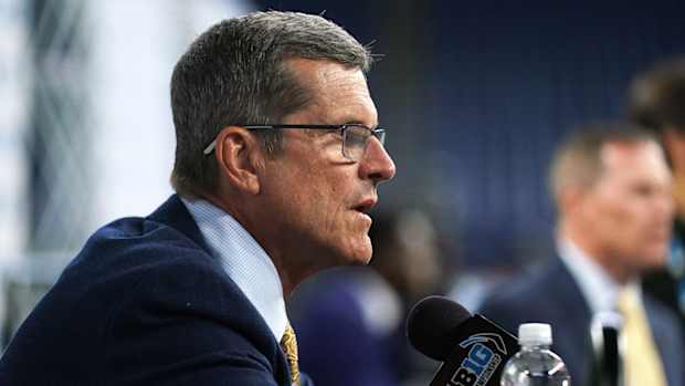 Michigan coach Jim Harbaugh at Big Ten Media Days.